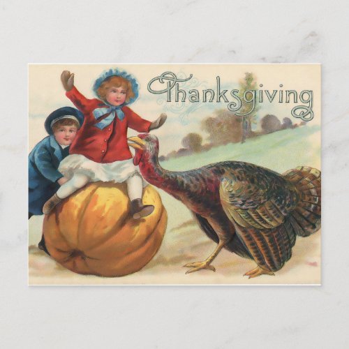 Vintage Thanksgiving Girl on Pumpkin and Turkey Postcard