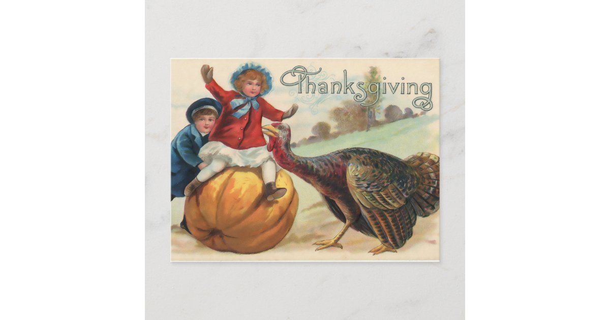 Vintage Thanksgiving Girl on Pumpkin and Turkey Postcard | Zazzle