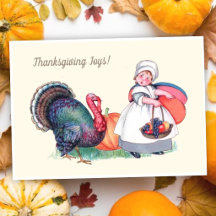 Vintage Thanksgiving Girl with Turkey & Harvest