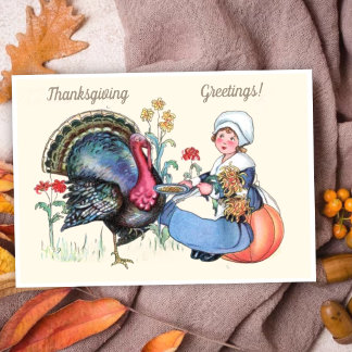 Vintage Thanksgiving Girl with Turkey & Harvest Holiday Card