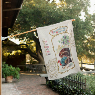 Vintage Thanksgiving Greeting, Gold Leaves, Turkey House Flag
