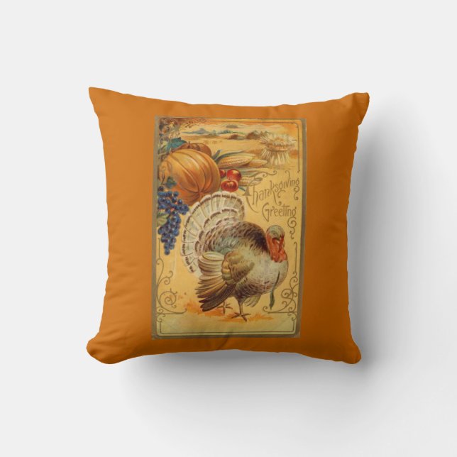 Vintage Thanksgiving Greeting Throw Pillow (Front)
