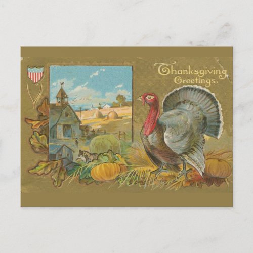 Vintage Thanksgiving greeting turkey and farm Postcard