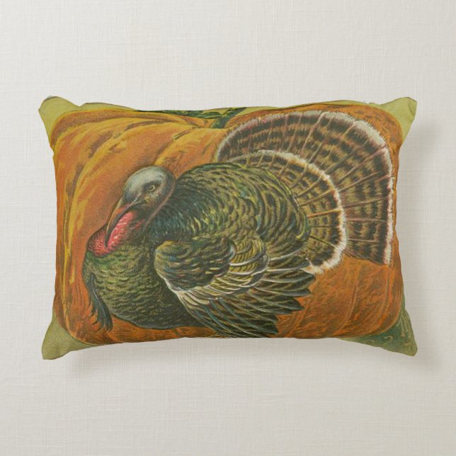 Vintage Thanksgiving greeting turkey and pumpkin Accent Pillow (Front)