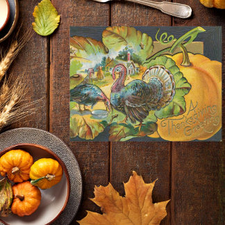 Vintage Thanksgiving greeting turkeys and pumpkin Postcard