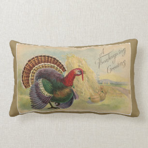 Vintage Thanksgiving Greetings Card Turkey Rustic Lumbar Pillow