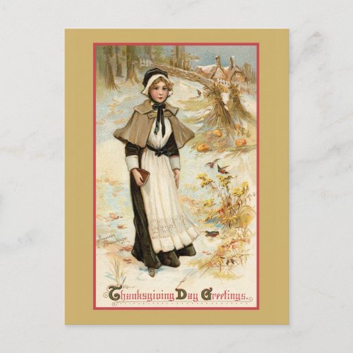 Vintage Thanksgiving Greetings Pilgrim Woman Postcard