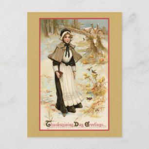 Vintage Thanksgiving Greetings Pilgrim Woman Postcard