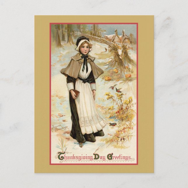 Vintage Thanksgiving Greetings Pilgrim Woman Postcard (Front)