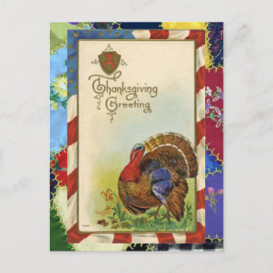 Vintage Thanksgiving Greetings & Quilt Postcard