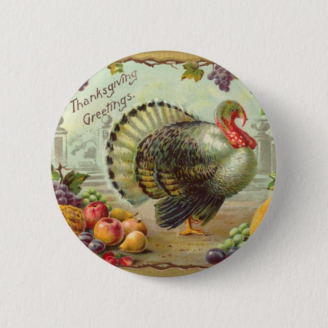 Vintage Thanksgiving Greetings Round Button (Front)
