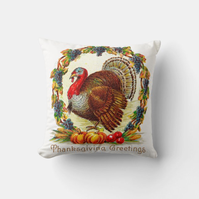 Vintage Thanksgiving Greetings Throw Pillow (Front)