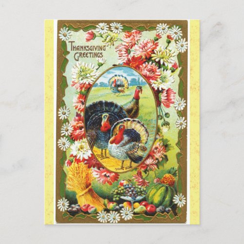 Vintage Thanksgiving Greetings Turkey Floral Postcard