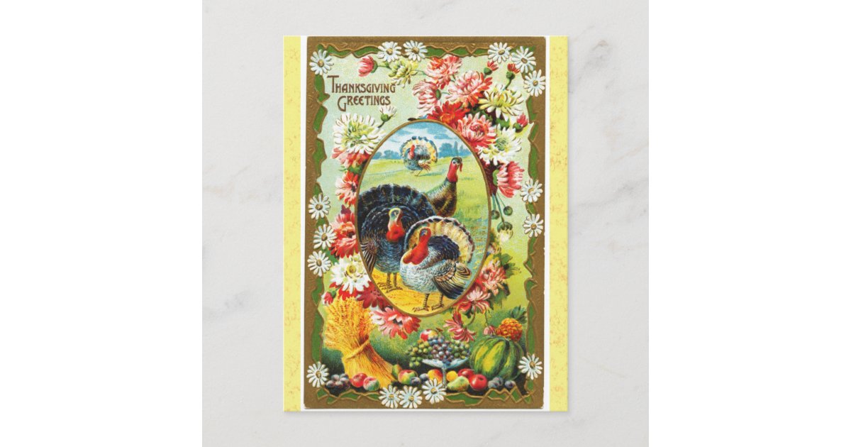 Vintage Thanksgiving Greetings Turkey Floral Postcard | Zazzle