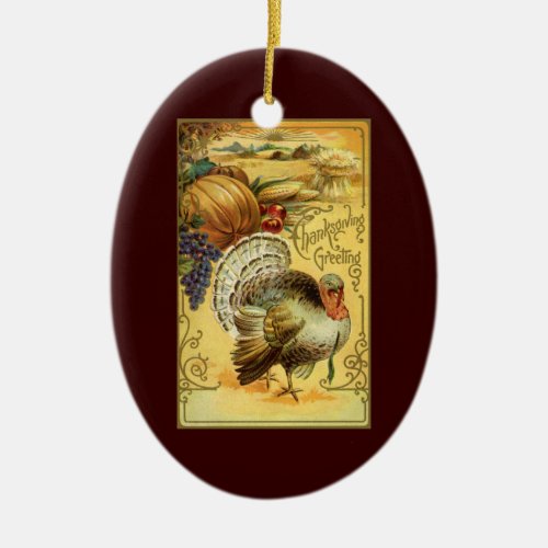 Vintage Thanksgiving Greetings with Turkey Ceramic Ornament