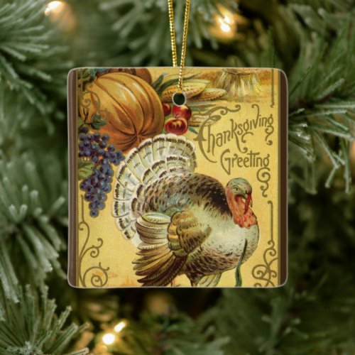 Vintage Thanksgiving Greetings with Turkey Ceramic Ornament