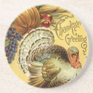 Vintage Thanksgiving Greetings with Turkey Coaster