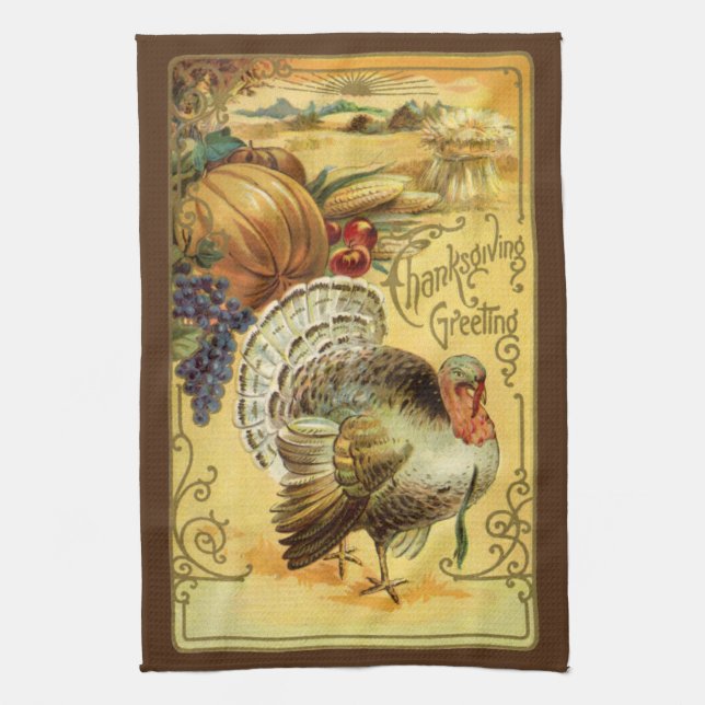 Vintage Thanksgiving Greetings with Turkey Kitchen Towel (Vertical)