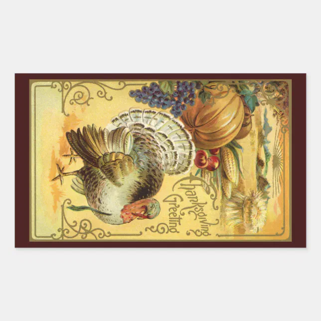 Vintage Thanksgiving Greetings with Turkey Rectangular Sticker | Zazzle