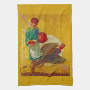 Vintage Thanksgiving Harvest Illustration Kitchen Towel