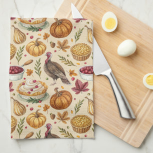 Vintage Thanksgiving Harvest Pattern   Rustic Fall Kitchen Towel