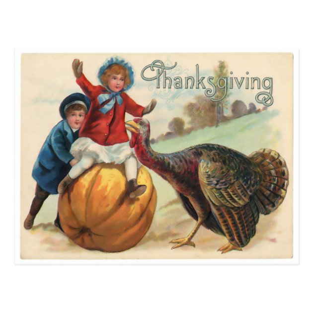 Vintage Thanksgiving Illustration Children Turkey Postcard