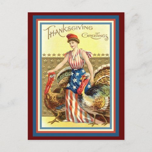 Vintage Thanksgiving Lady Columbia  Turkeys copy Postcard