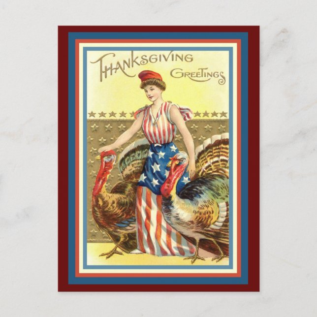 Vintage Thanksgiving, Lady Columbia & Turkeys copy Postcard (Front)