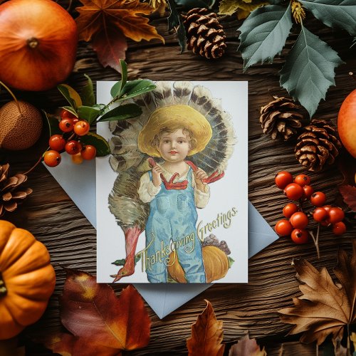 Vintage Thanksgiving Little Boy And Turkey Holiday Card