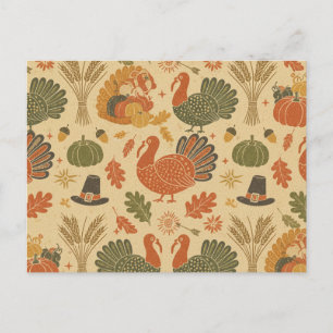 Vintage Thanksgiving Pattern Holiday Postcard