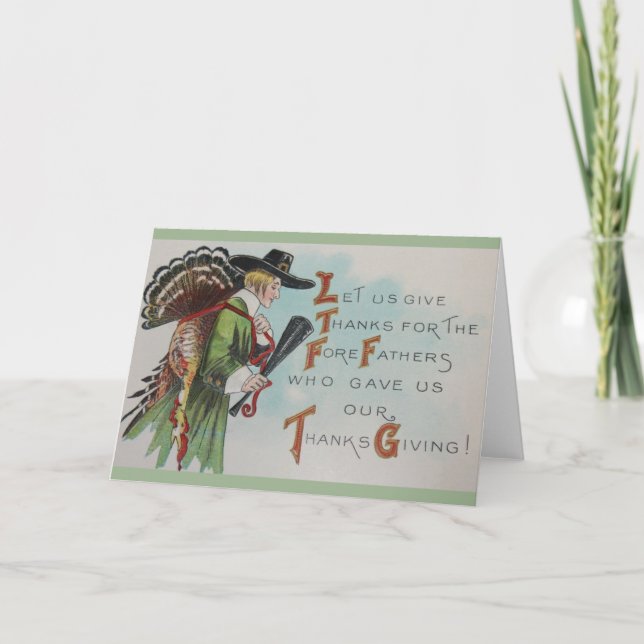 Vintage Thanksgiving Pilgrim and Turkey Card (Front)