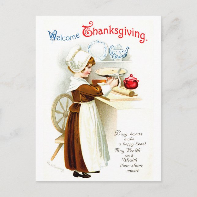 Vintage Thanksgiving - Pilgrim Baking Pie Holiday Postcard (Front)