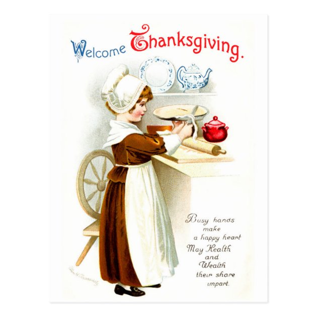 Vintage Thanksgiving - Pilgrim Baking Pie Postcard