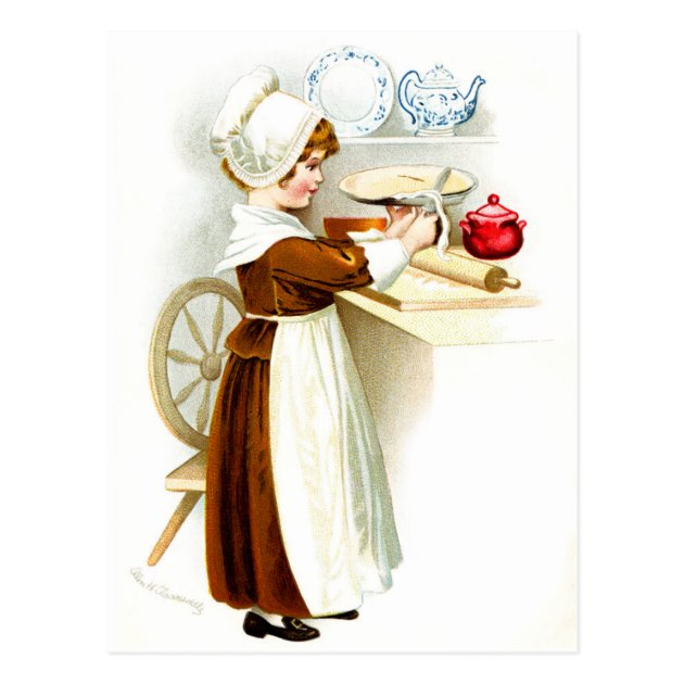 Vintage Thanksgiving - Pilgrim Baking Pie Postcard