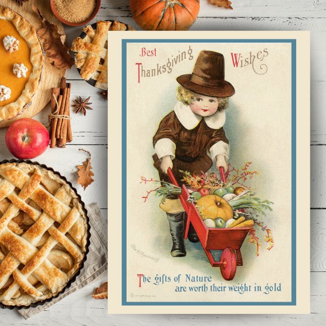 Vintage Thanksgiving Pilgrim Boy Custom Holiday Card (Vintage Thanksgiving Pilgrim Boy Custom Holiday Card with editable text.  Just add your name!)