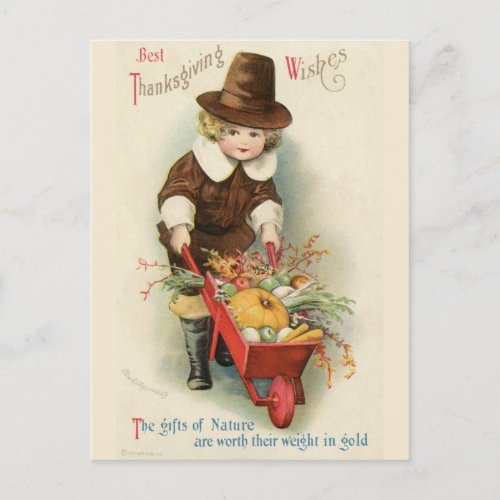 Vintage Thanksgiving Pilgrim Boy with Wheelbarrow Postcard