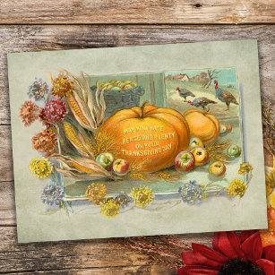 Vintage Thanksgiving Pumpkins, Fruit and Flowers Holiday Postcard