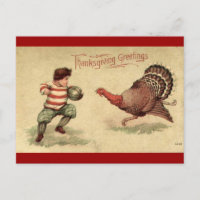 Vintage Thanksgiving Turkey and Boy Postcard