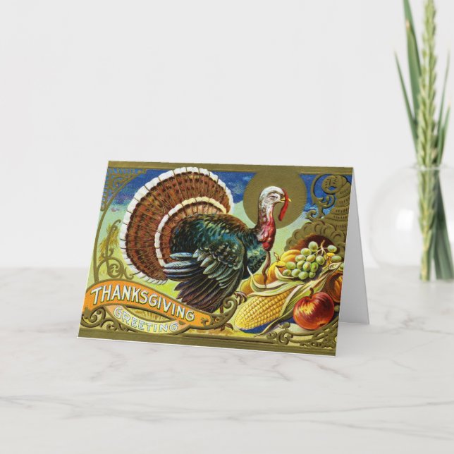 Vintage Thanksgiving Turkey and Fall Harvest  Card (Front)