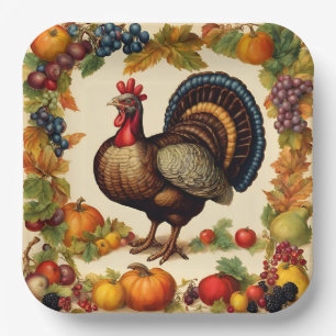 Vintage Thanksgiving Turkey and Fruit Harvest Paper Plates