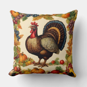 Vintage Thanksgiving Turkey and Fruit Harvest Throw Pillow
