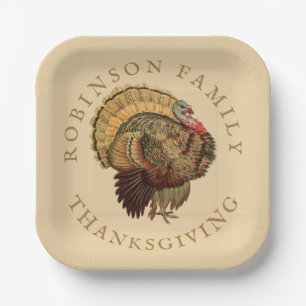 Vintage Thanksgiving Turkey Custom Family Name Paper Plates