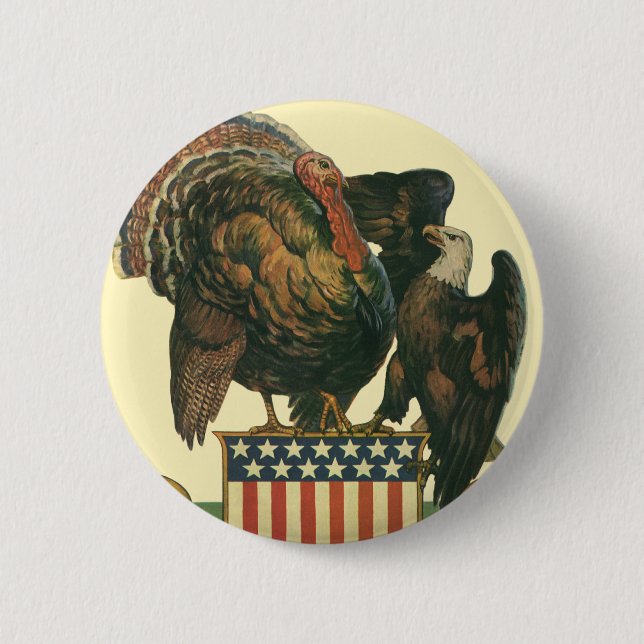 Vintage Thanksgiving Turkey, Eagle, Amercan Flag Button (Front)