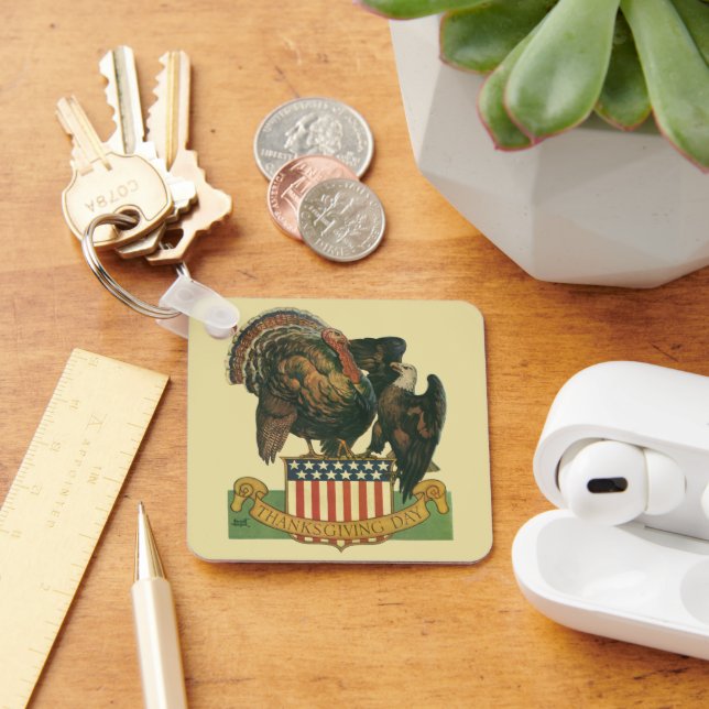 Vintage Thanksgiving Turkey, Eagle, Amercan Flag Keychain (Desk)