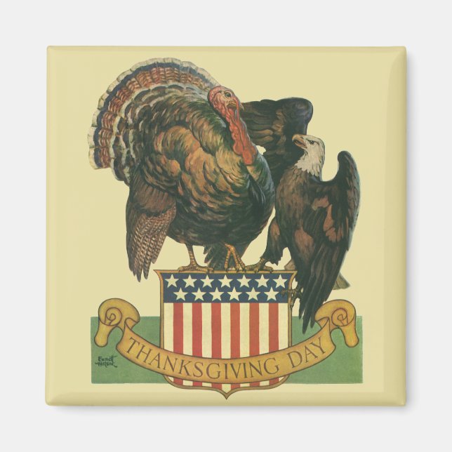 Vintage Thanksgiving Turkey, Eagle, Amercan Flag Magnet (Front)
