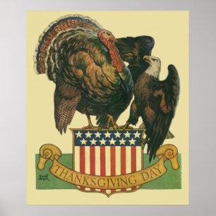 Vintage Thanksgiving Turkey, Eagle, Amercan Flag Poster