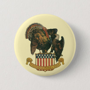 Vintage Thanksgiving Turkey, Eagle, American Flag Button