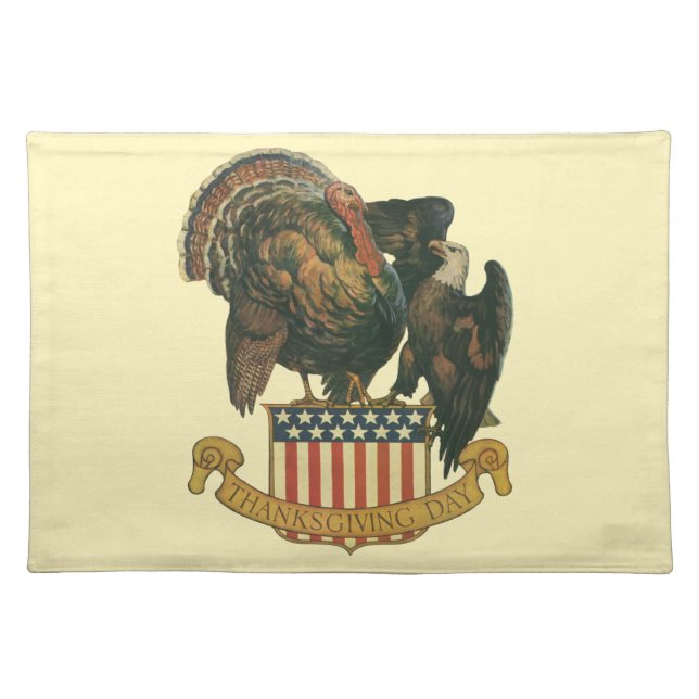Vintage Thanksgiving Turkey, Eagle, American Flag Cloth Placemat (Front)