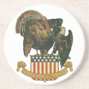 Vintage Thanksgiving Turkey, Eagle, American Flag Coaster