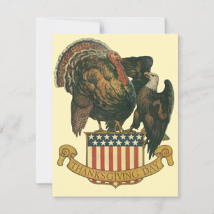 Vintage Thanksgiving Turkey, Eagle, American Flag Holiday Card